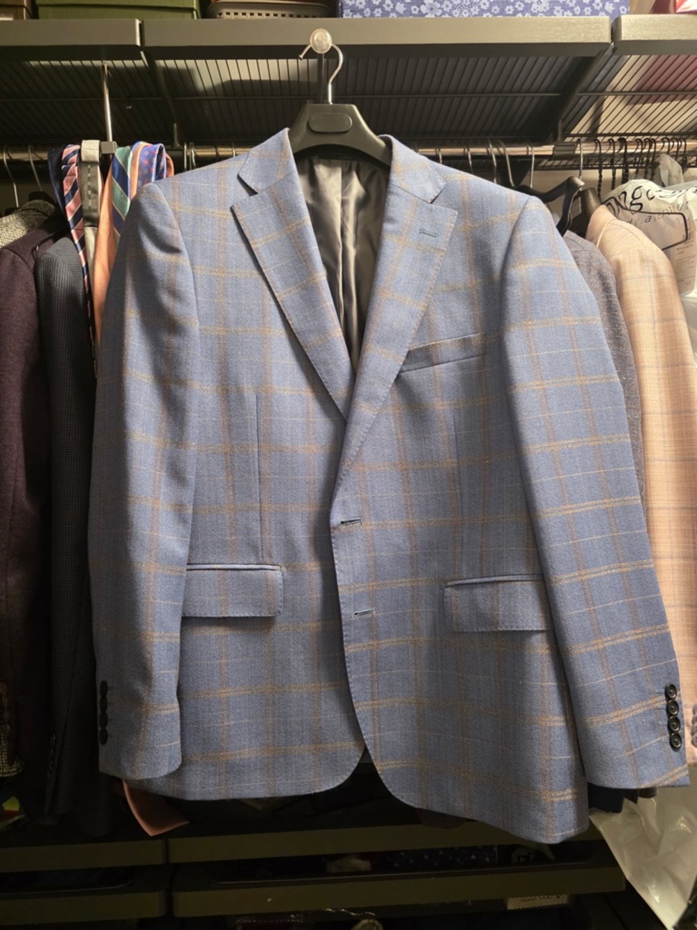 Men's Light Blue Windowpane Sport Coat with Tan Check